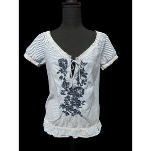 Abercrombie & Fitch Striped Short Sleeve Blouse W/ Embroidered Floral Design & T
